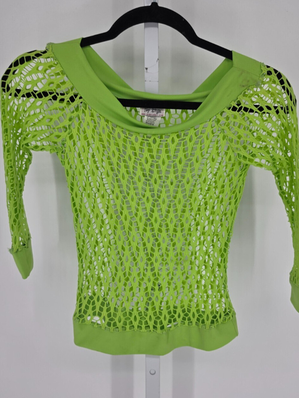 Vintage Y2K 2000s Lime Green Net Stretchy Long Sleeve Blouse Top Rave Sz S